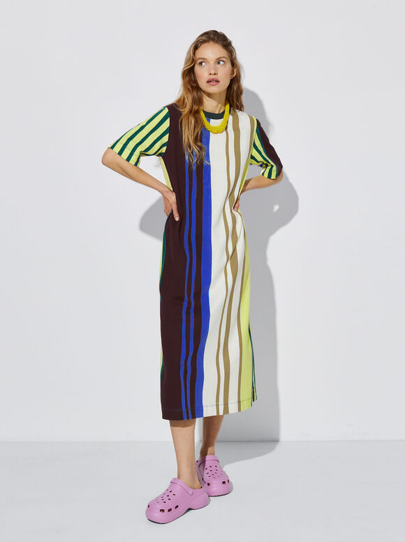 Vestido midi listrado - Multicolorido