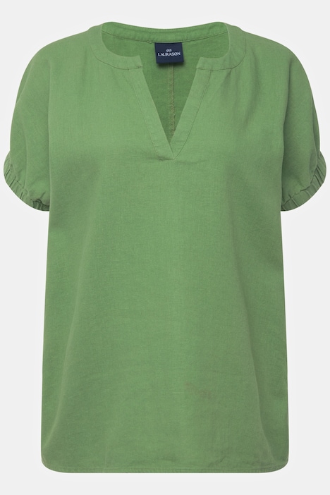 Leinenmix-Bluse, Tunika-Ausschnitt, elastischer Halbarm-Abschluss