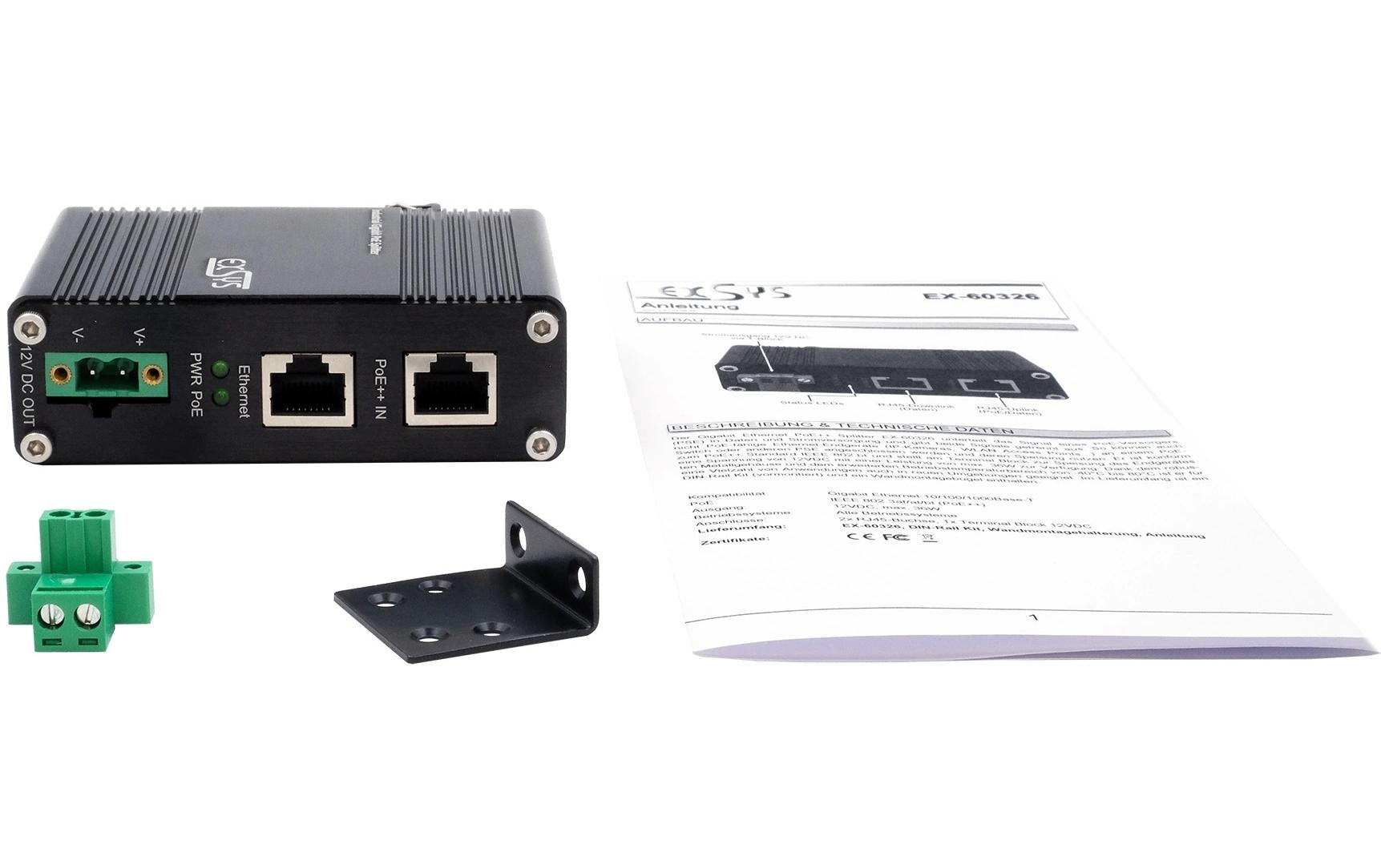 PoE Splitter EX-60326 PoE++ max. 36WGigabit Ethernet PoE++ Splitter EX-60326 - IEEE 802.3bt konform, 12V/36W Ausgang, für nicht PoE-fähige Geräte, -40°C bis +80°C, inkl. DIN-Rail Kit und Wandmontage