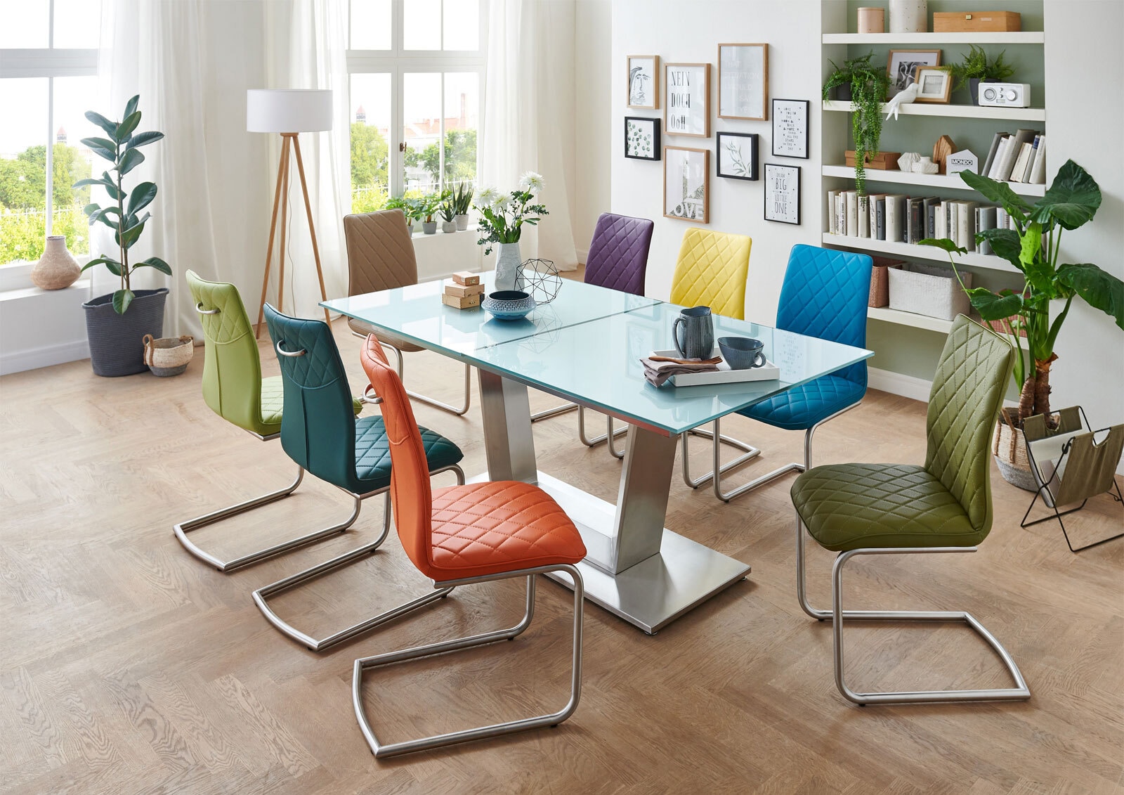 MONDO Esstisch COMEDOR 180-240 x 100 cm Edelstahl /Glas silberfarben