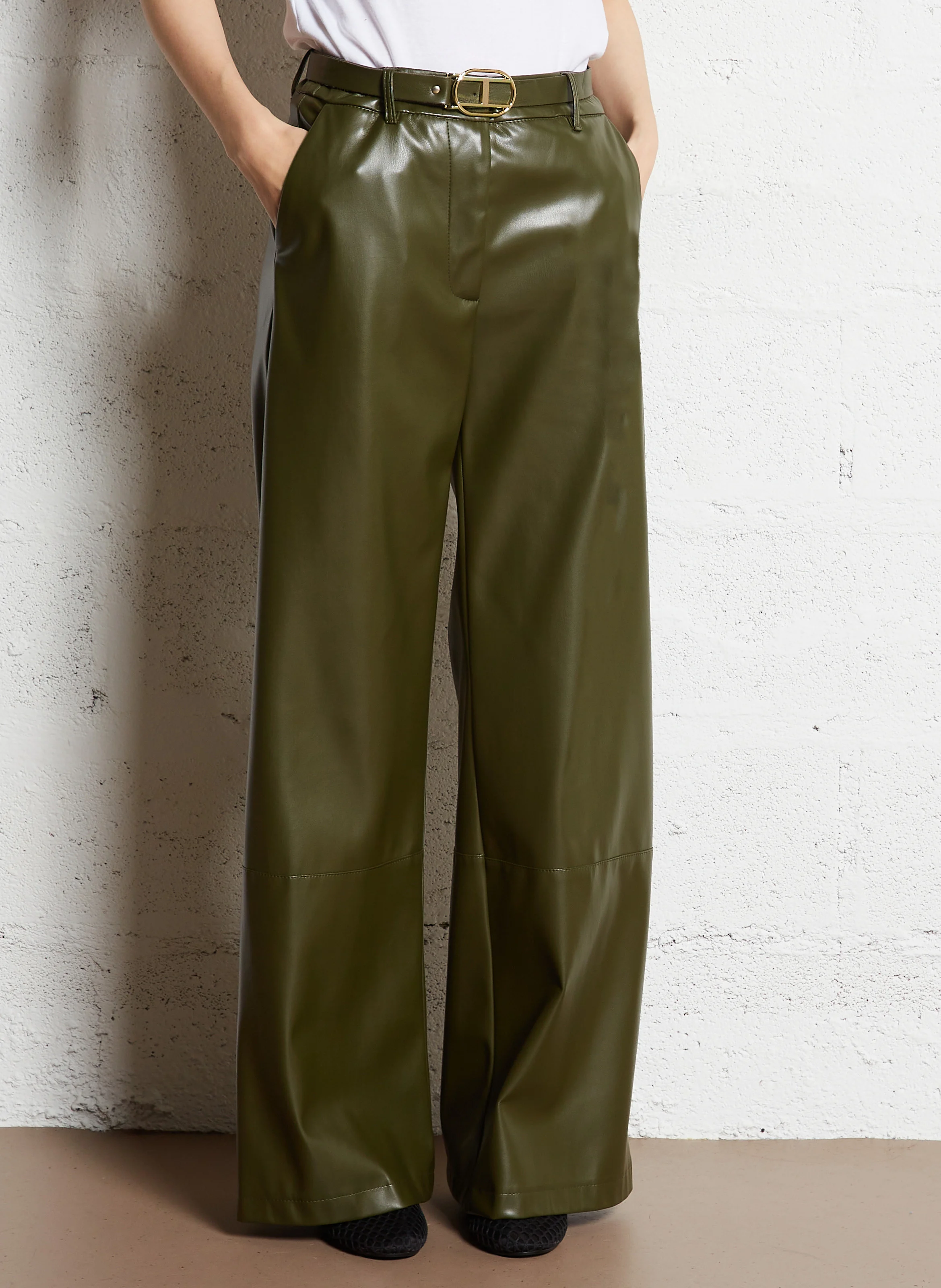 Pantalon large effet cuir | Kaki
