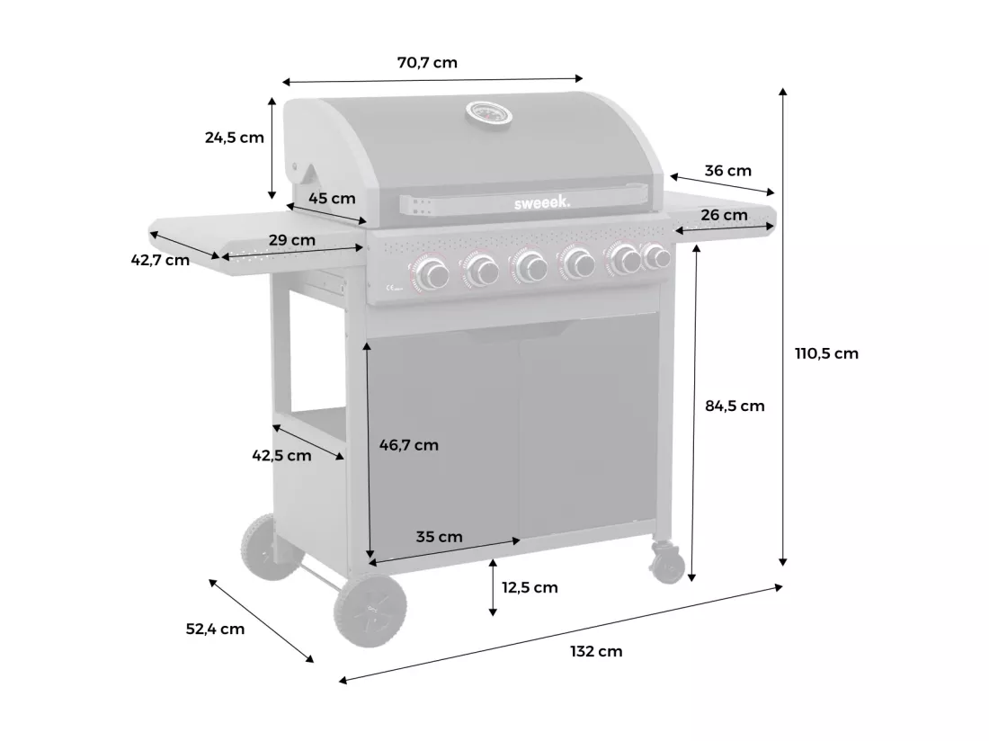 Barbecue au gaz Edmond noir - 5 brûleurs + 1 feu latéral. avec thermomètre. L 132x P62 x H143 cm