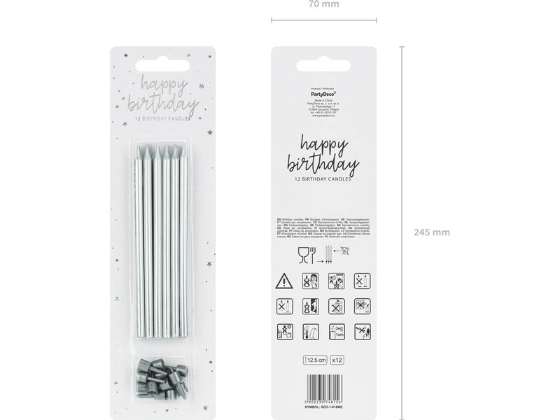 Partydeco Kerze 12.5 cm, 12-teiig, Silber Schlichte Geburtstagskerzen