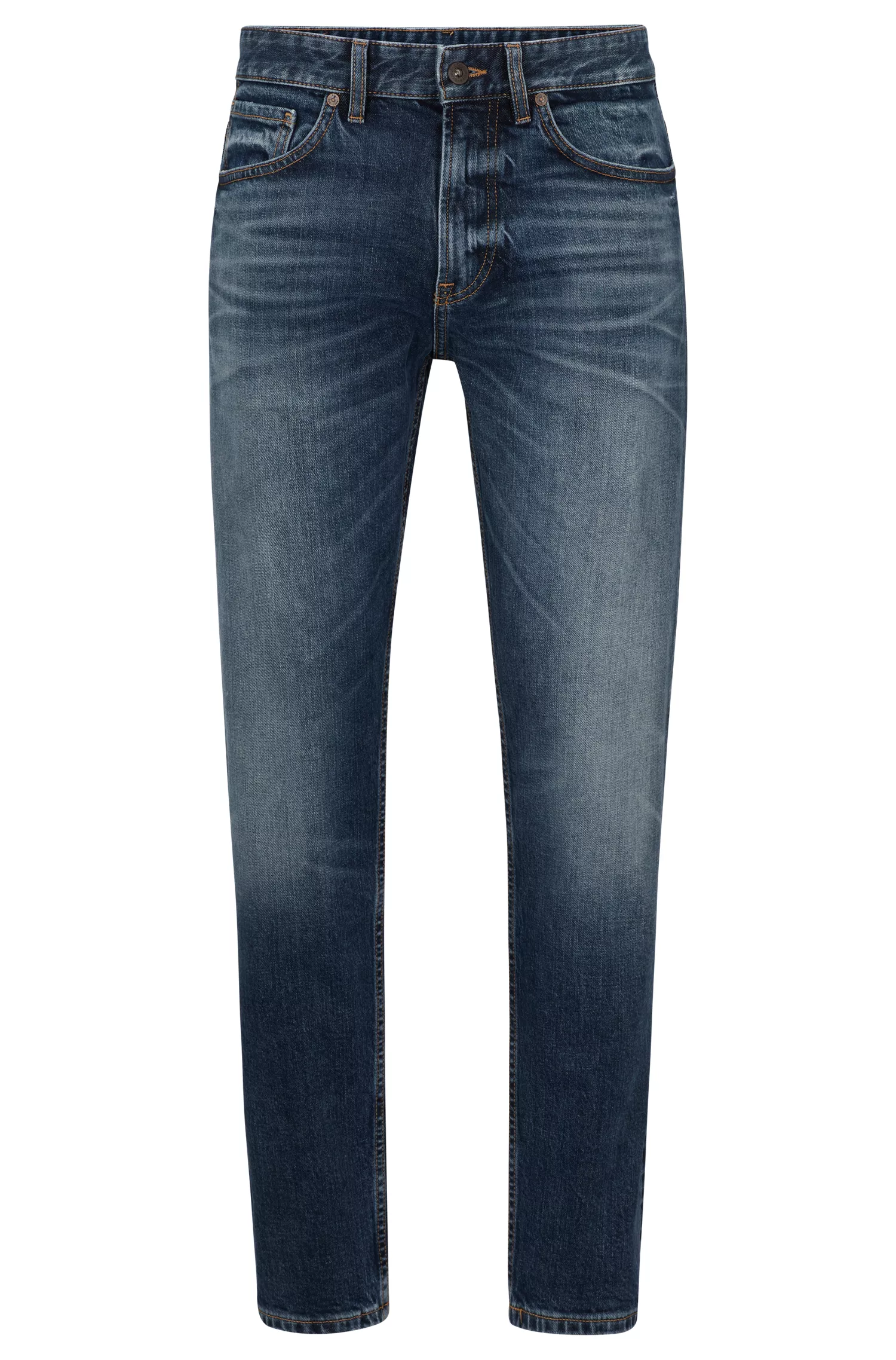 Calça jeans BOSS laranja, corte regular, em denim italiano selvedge azul.