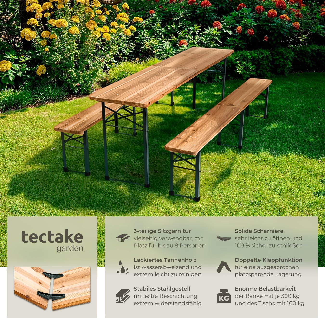 tectake® Bierzeltgarnitur, Festzeltgarnitur, Biertisch, Set 2X Bierbank 1x Tisch klappbar, als Gartenmöbel, Balkon Möbel oder zum Camping, platzsparend, wetterfest und robust