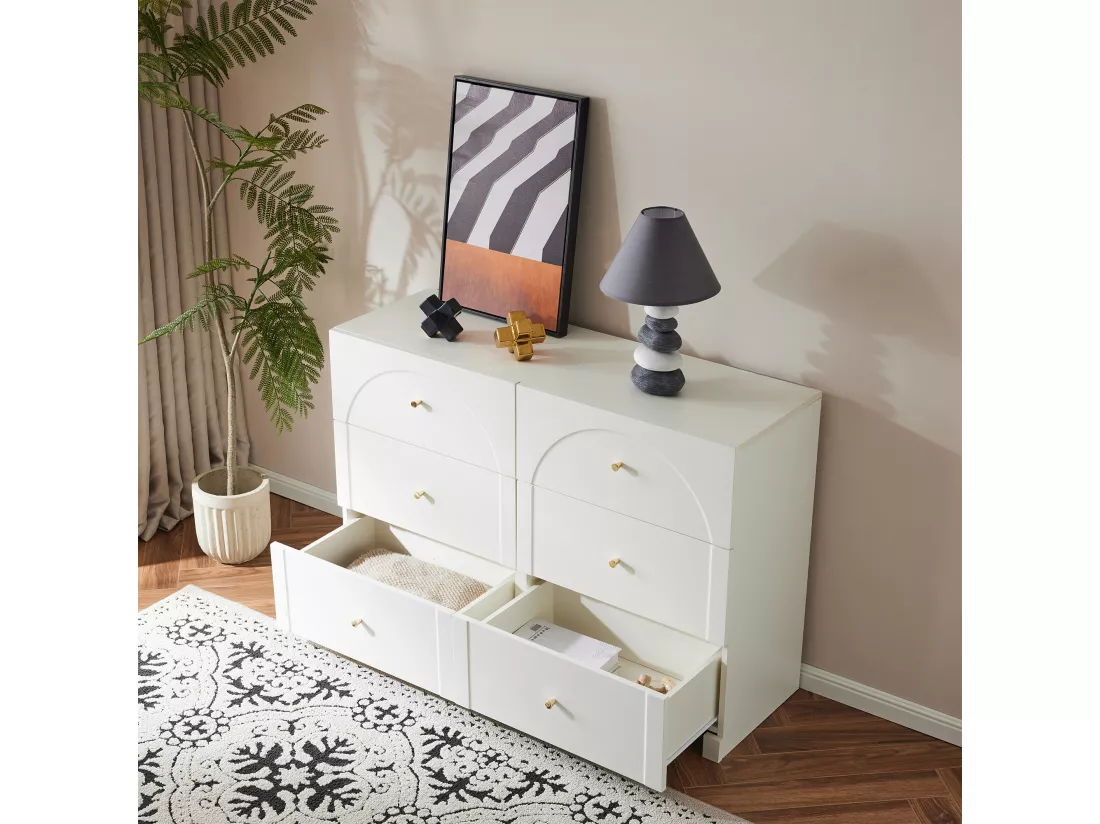Commode avec 6 tiroirs pour salon et chambre à coucher - 120 x 40 x 82 cm - panneaux de particules - Blanc