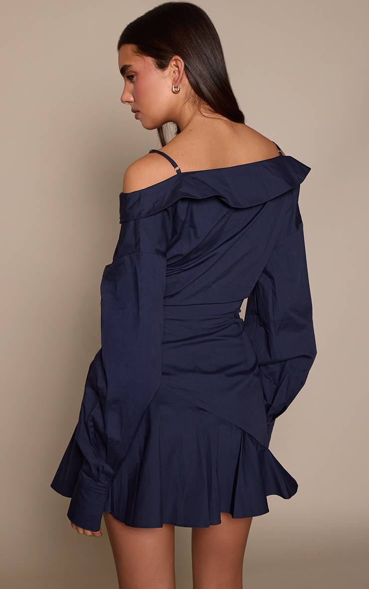 Bleu Marine Robe Chemise Asymétrique À Épaules Dénudées