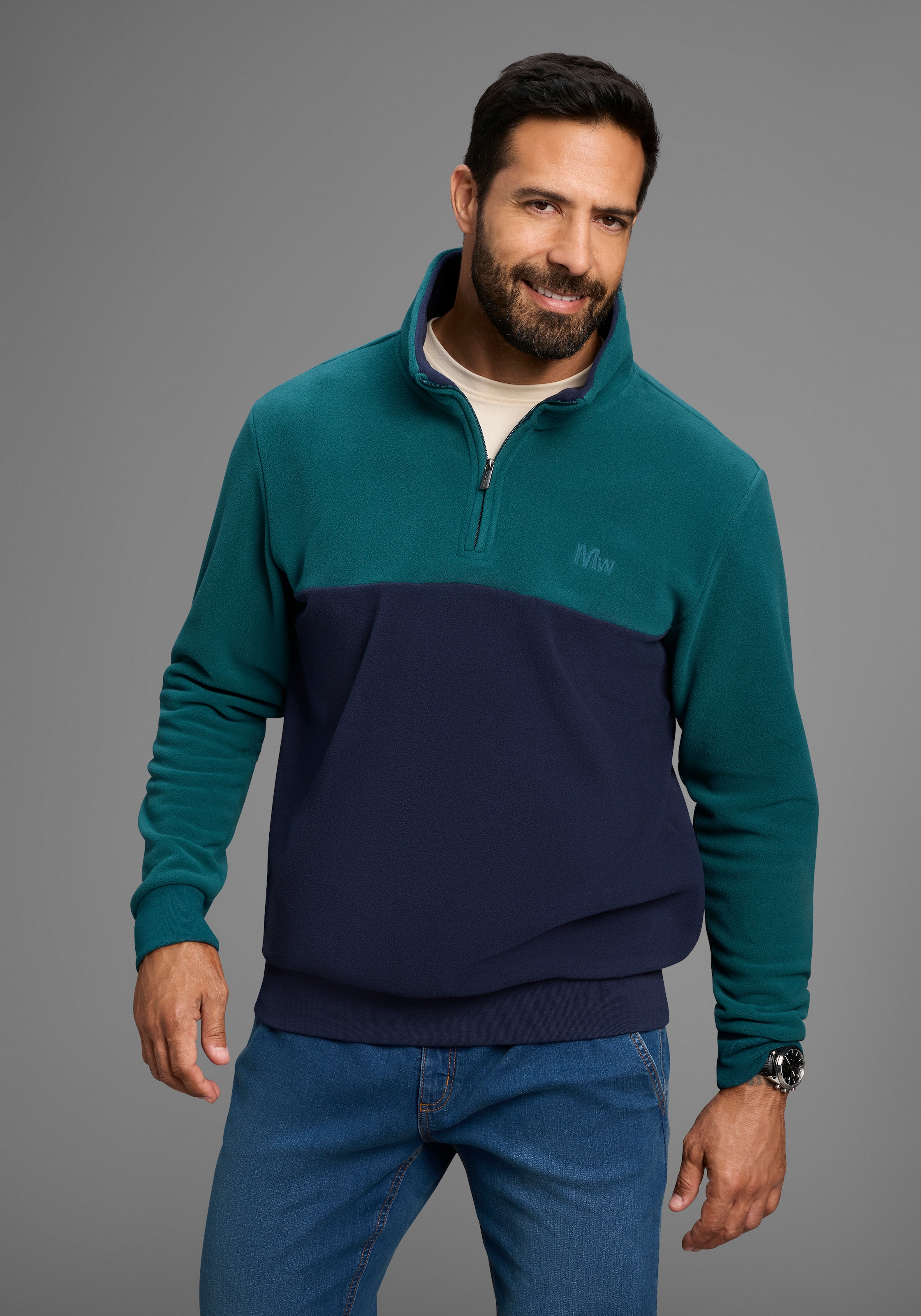 Man's World Fleecepullover , Troyer mit Kontrast-Part, ideal für den Übergang
