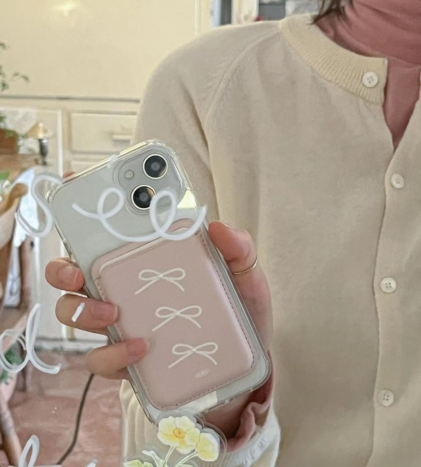 Karnemelk - Magnetische telefoonkaarthouder van imitatieleer met strik