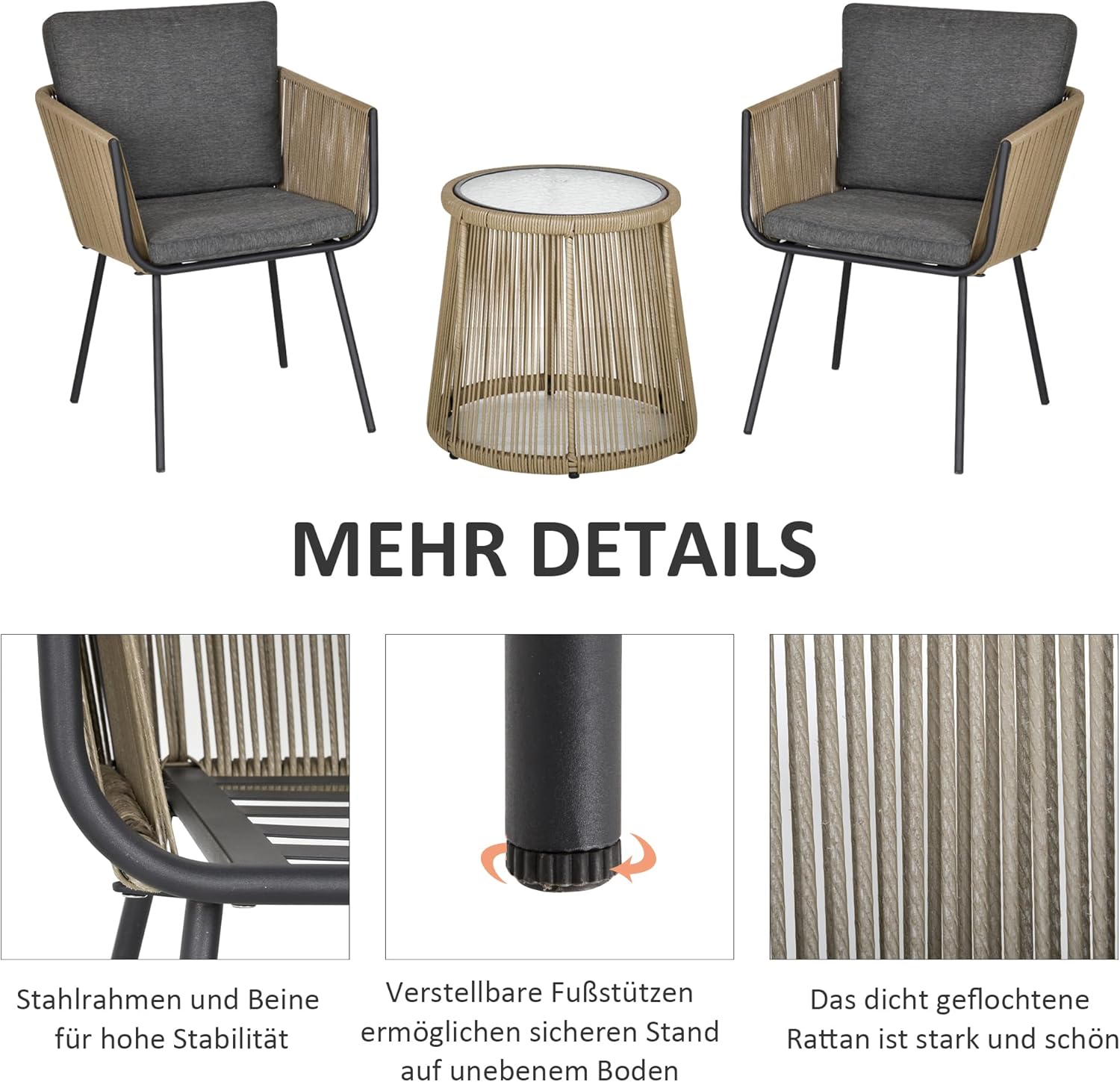 Outsunny Polyrattan Gartenmöbel Set, Outdoor Balkonmöbel für 2 Personen, 3-teilig Gartenmöbel mit 2 Stühle, Tisch Sitzkissen, wetterfest Sitzgruppe für Garten, Terrasse Balkon, Grau