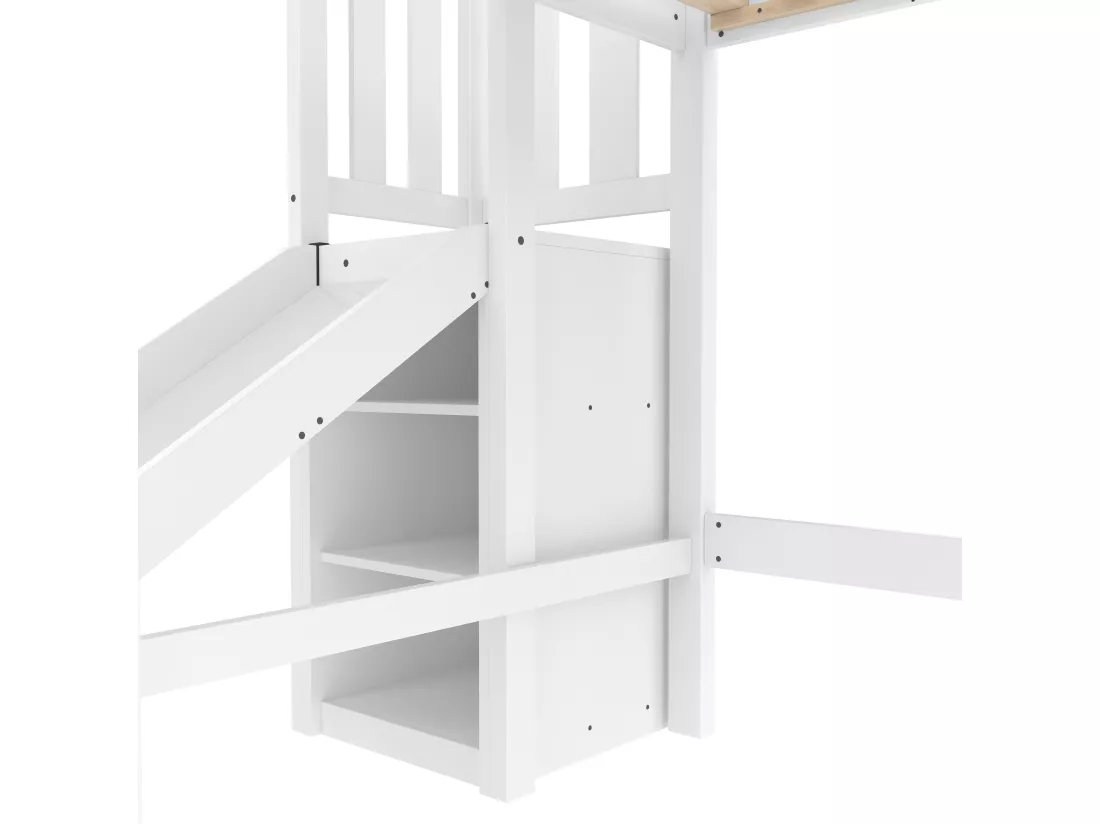 Lit mezzanine enfant 90x200 cm - avec éclairage LED - avec étagères - avec toboggan - Bois massif - Blanc (sans matelas)
