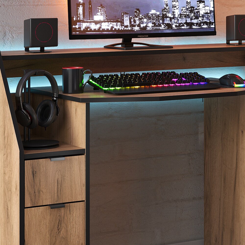 Vicco Computertisch Joel Eiche Schwarz 123 x 45 cm Gamingtisch PC-Tisch Schublade Tür