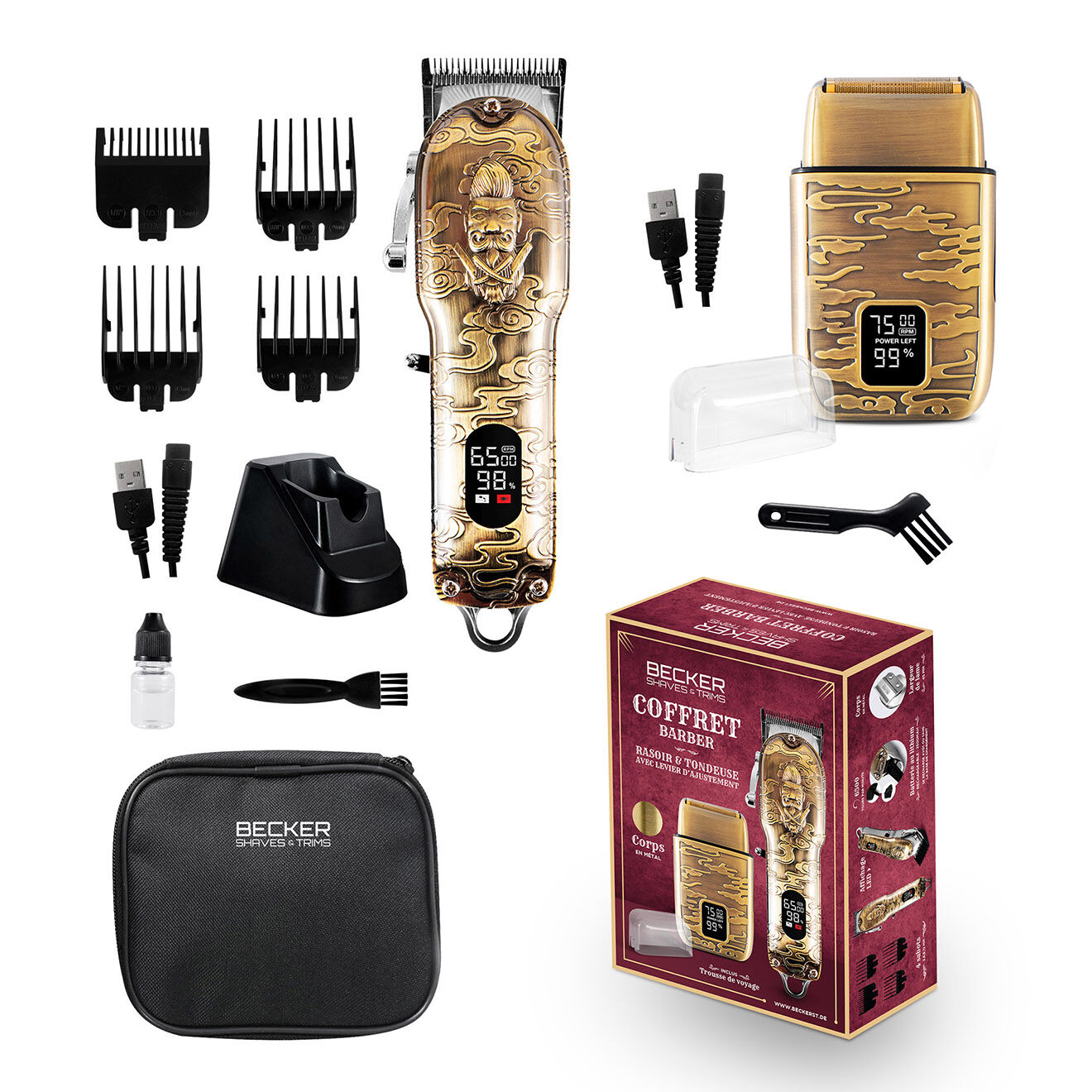 Becker Shaves & Trims Kit de tondeuse et rasoir sans fil avec trousse barber lab2 doré