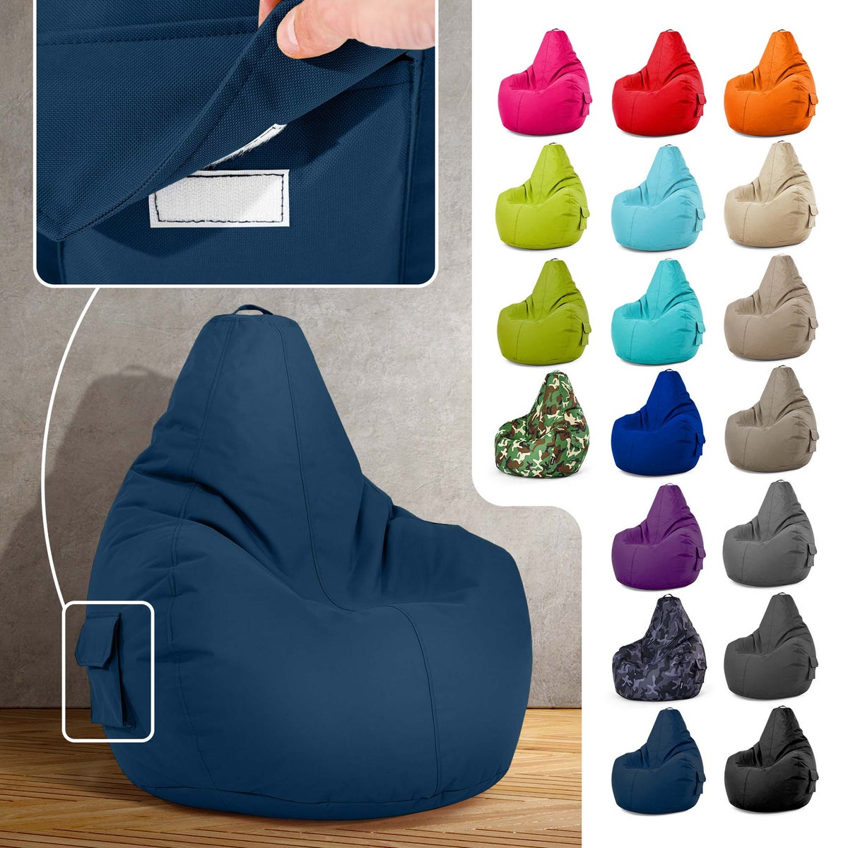 Green Bean Zitzak met rugleuning 80x70x90cm - Gaming stoel met 230L vulling, knuffelzacht, wasbaar - Zitzak vloerkussen, loungestoel, voetenbank, relaxstoel, gamerstoel, donkerblauw