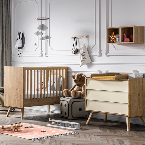 Chambre DUO VINTAGE Lit 70x140 Commode Bois Jaune - VOX