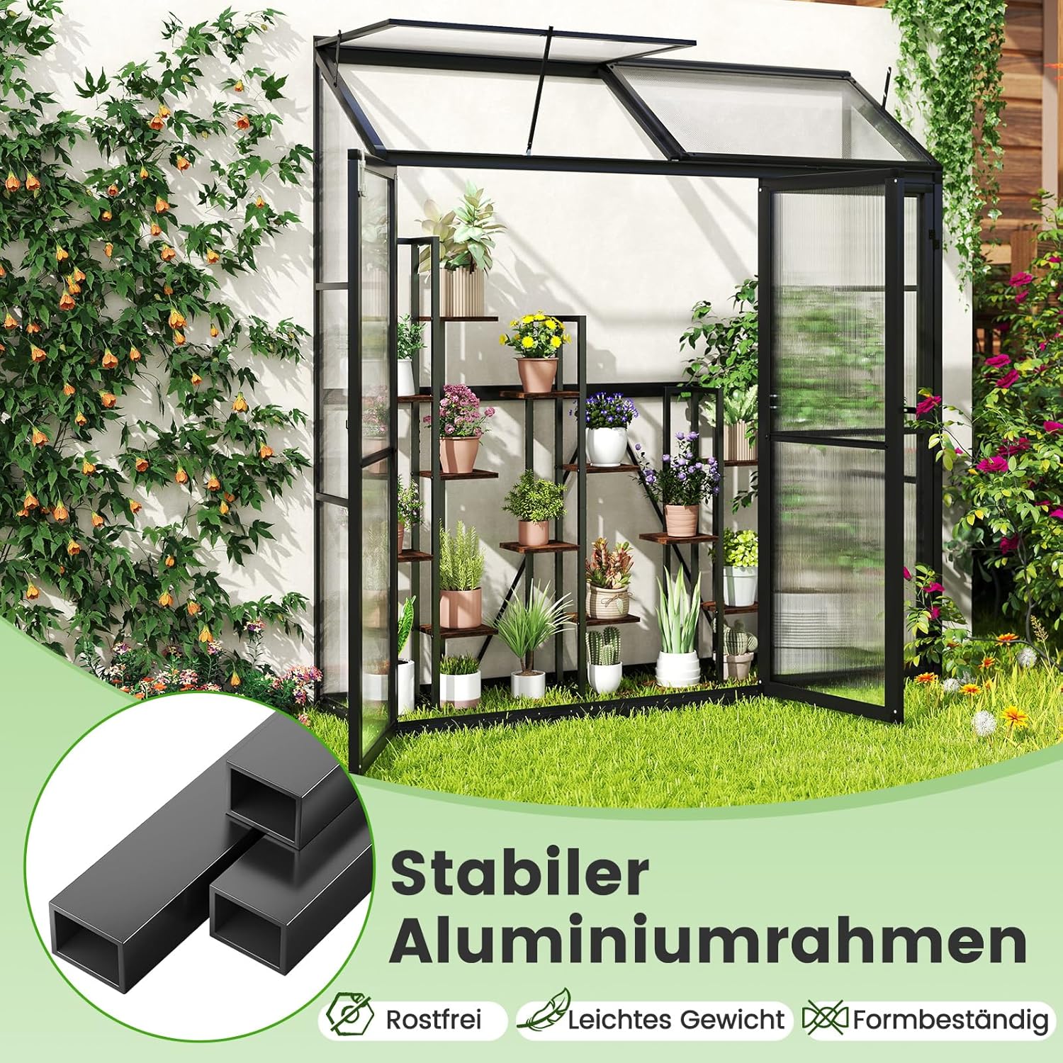 COSTWAY Gewächshaus, Anlehngewächshaus Tomaten, Treibhaus mit Oberlicht & 3 verschließbaren Türen, Aluminium, Beistell Tomatengewächshaus, Gartenhaus Pflanzenhaus groß, Schwarz, 180 x 52 x 190 cm