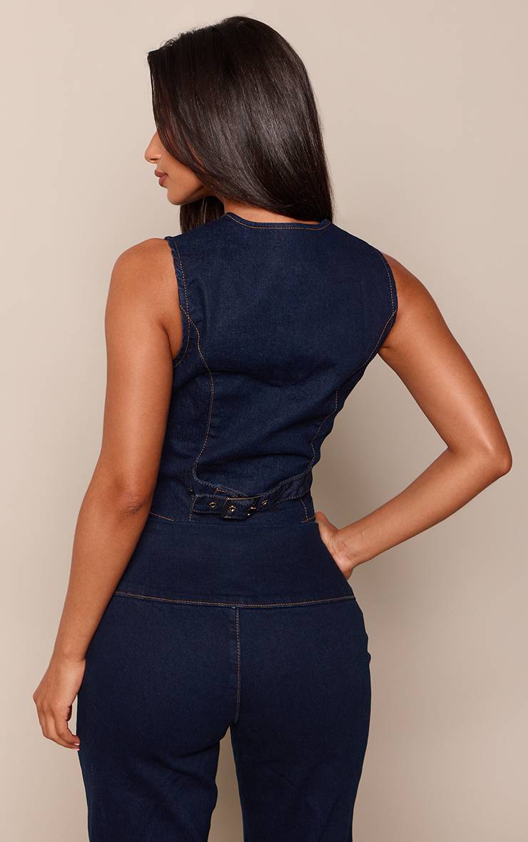 Bleu Indigo Top Court En Denim Avec Détail Ceinture