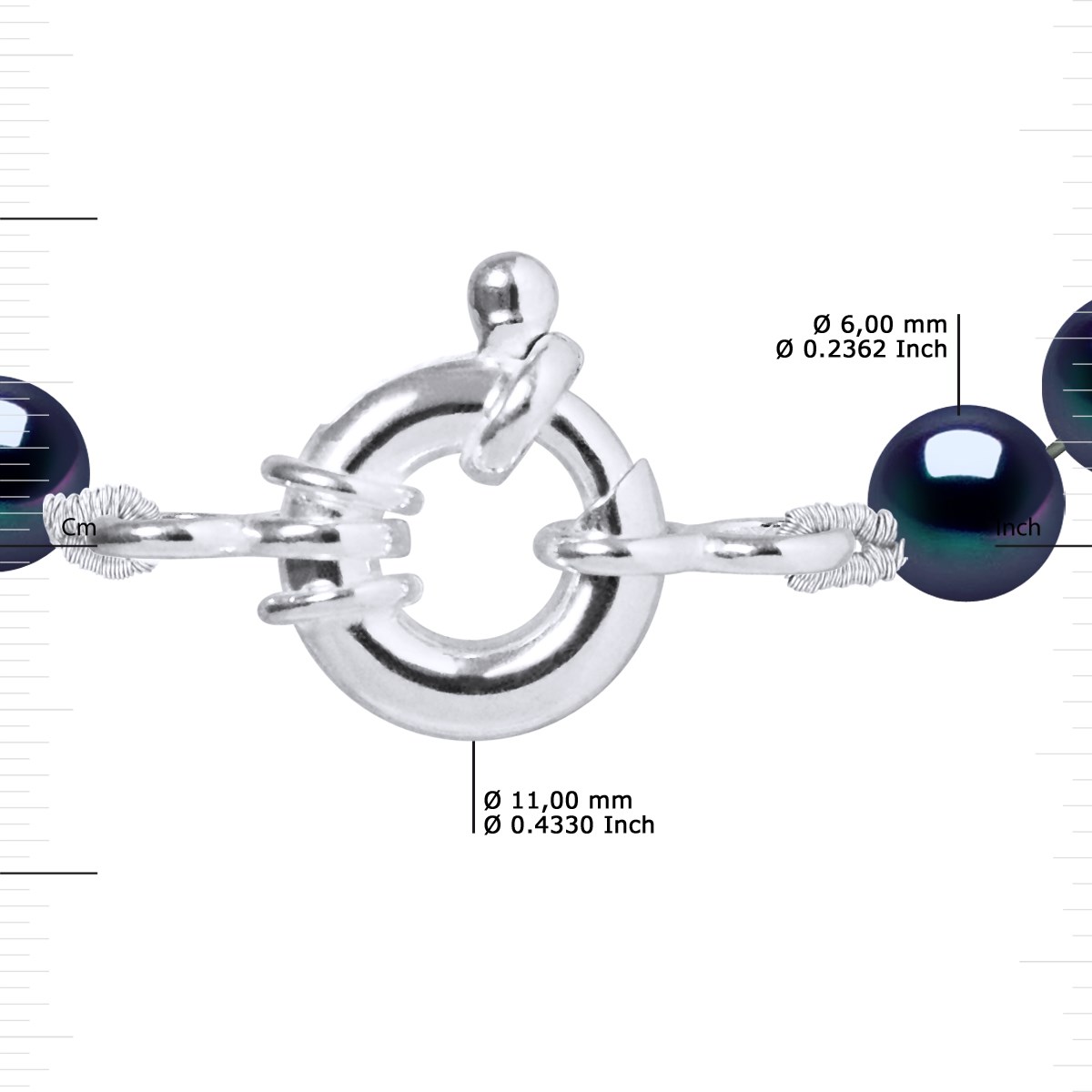 Collier Rang de Perles d'Eau Douce Noires 6-7 mm Anneau Marin Argent 925