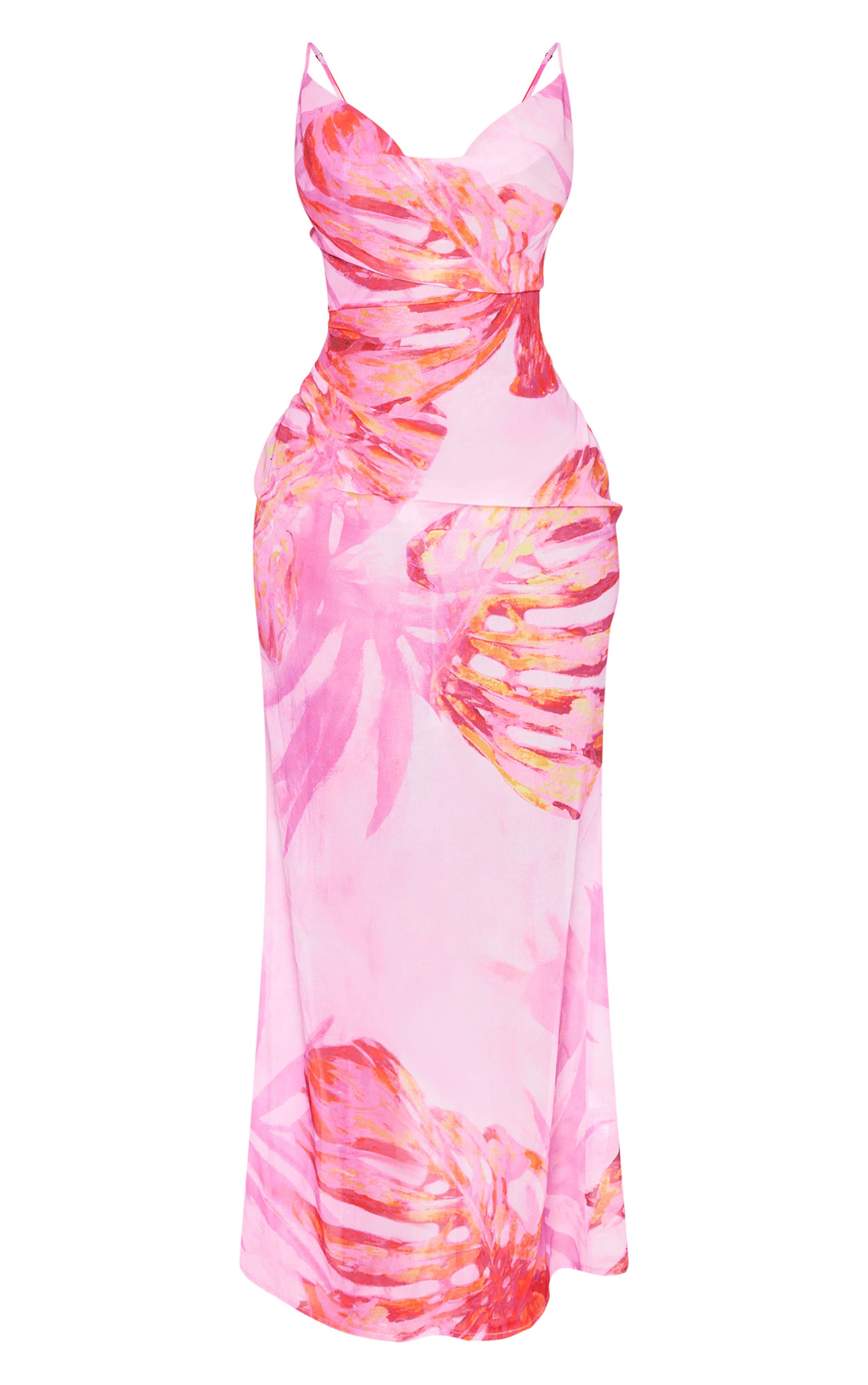 Rose Robe Longue Moulante À Imprimé Tropical Avec Encolure Drapée Et Bretelles Fines