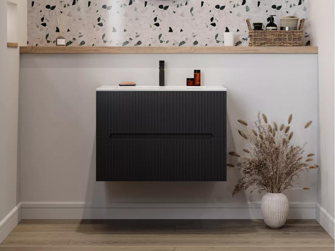 Meuble de salle de bain suspendu avec vasque à encastrer - Strié noir - 80 cm - PAVANI