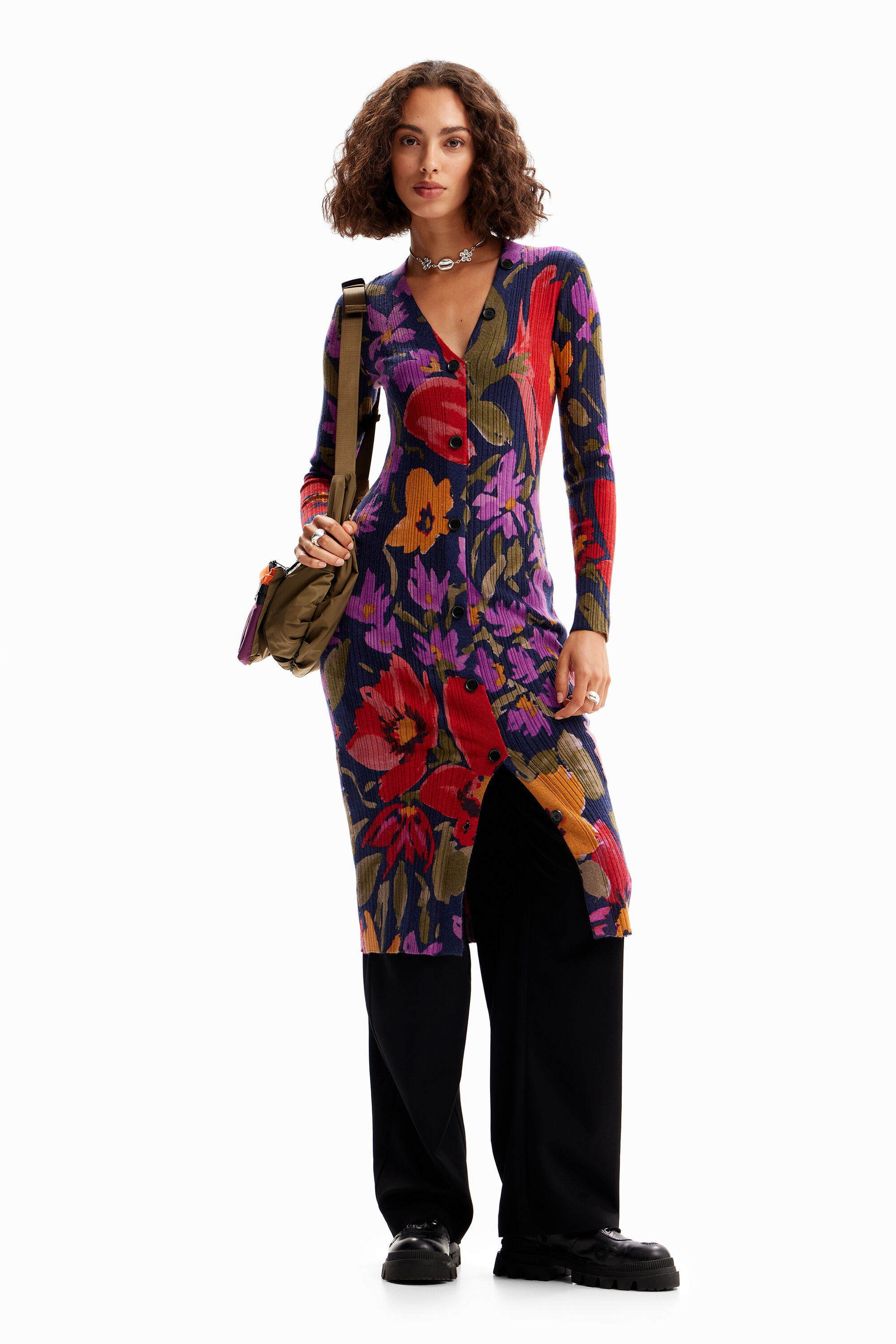 Vestido midi floral de tricô
