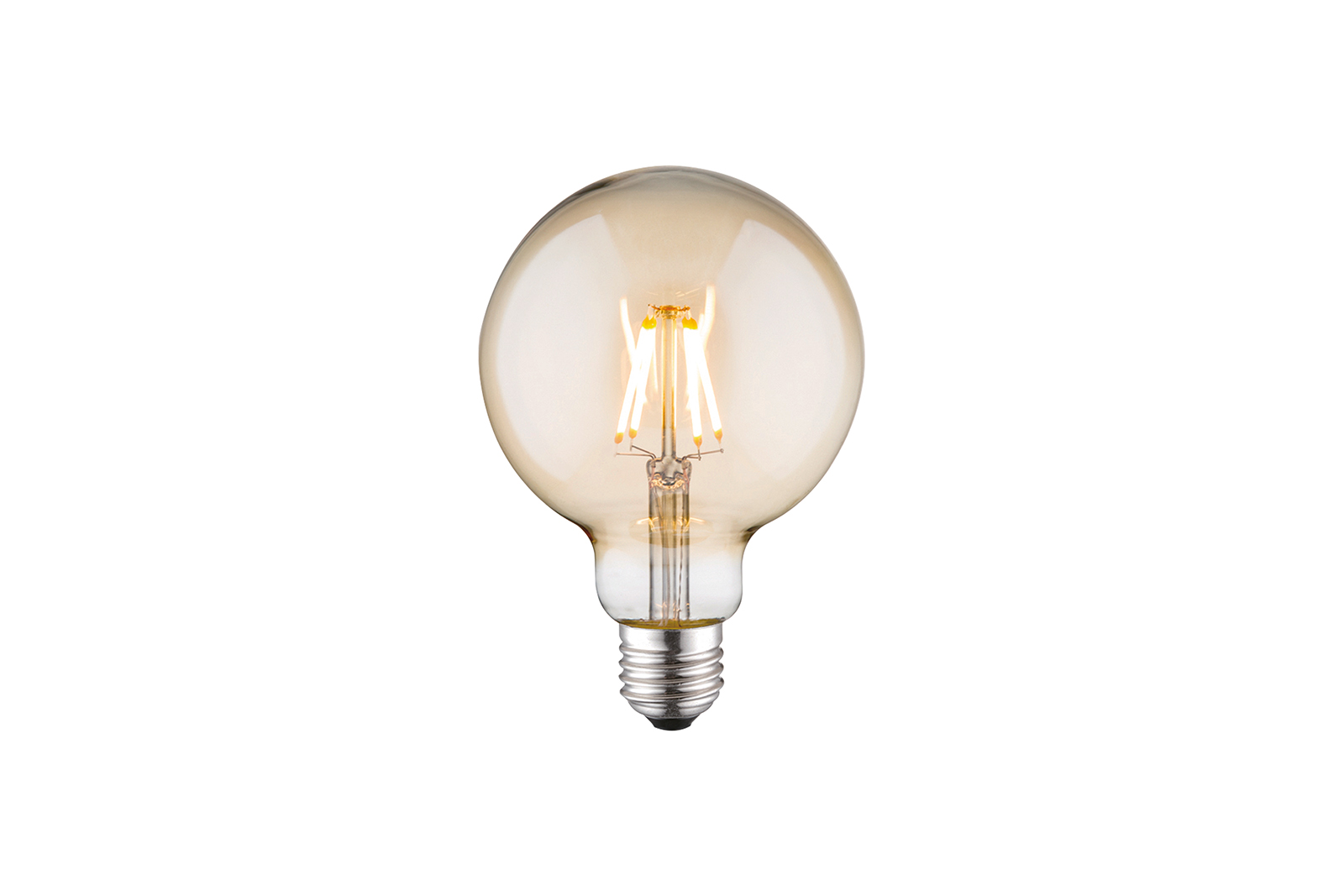 Globe LED-dekorpære E27 Gyllent glass med E27-sokkel og rette lystråder med varmhvitt lys. Dimbar. 320lm.\n