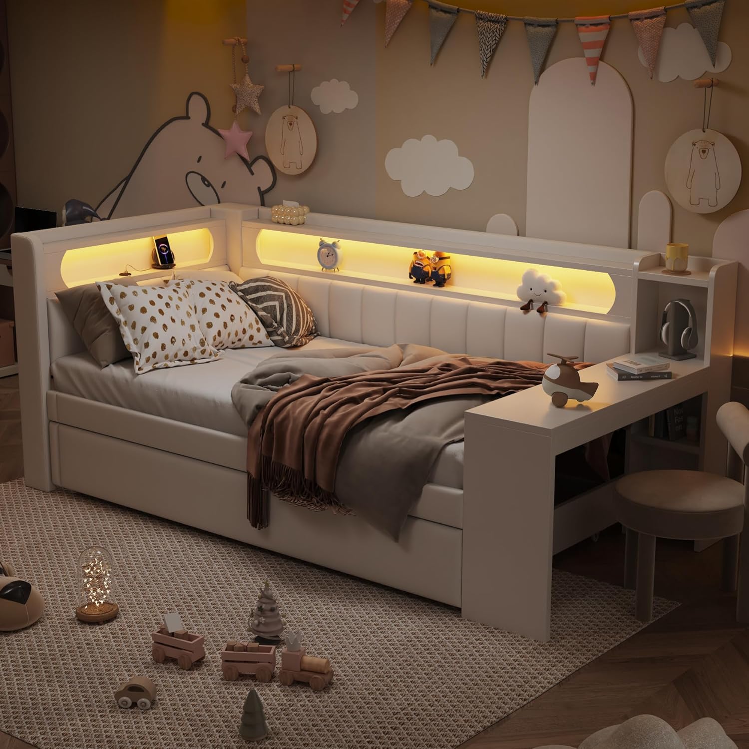 Polsterbett Schlafsofa 90x200 cm, Daybett mit Schreibtisch und Ausziehbett, Tagesbett mit LED und USB-Anschluss, Funktionsbett Gästebett mit Lattenrost, ohne Matratze, Weiß