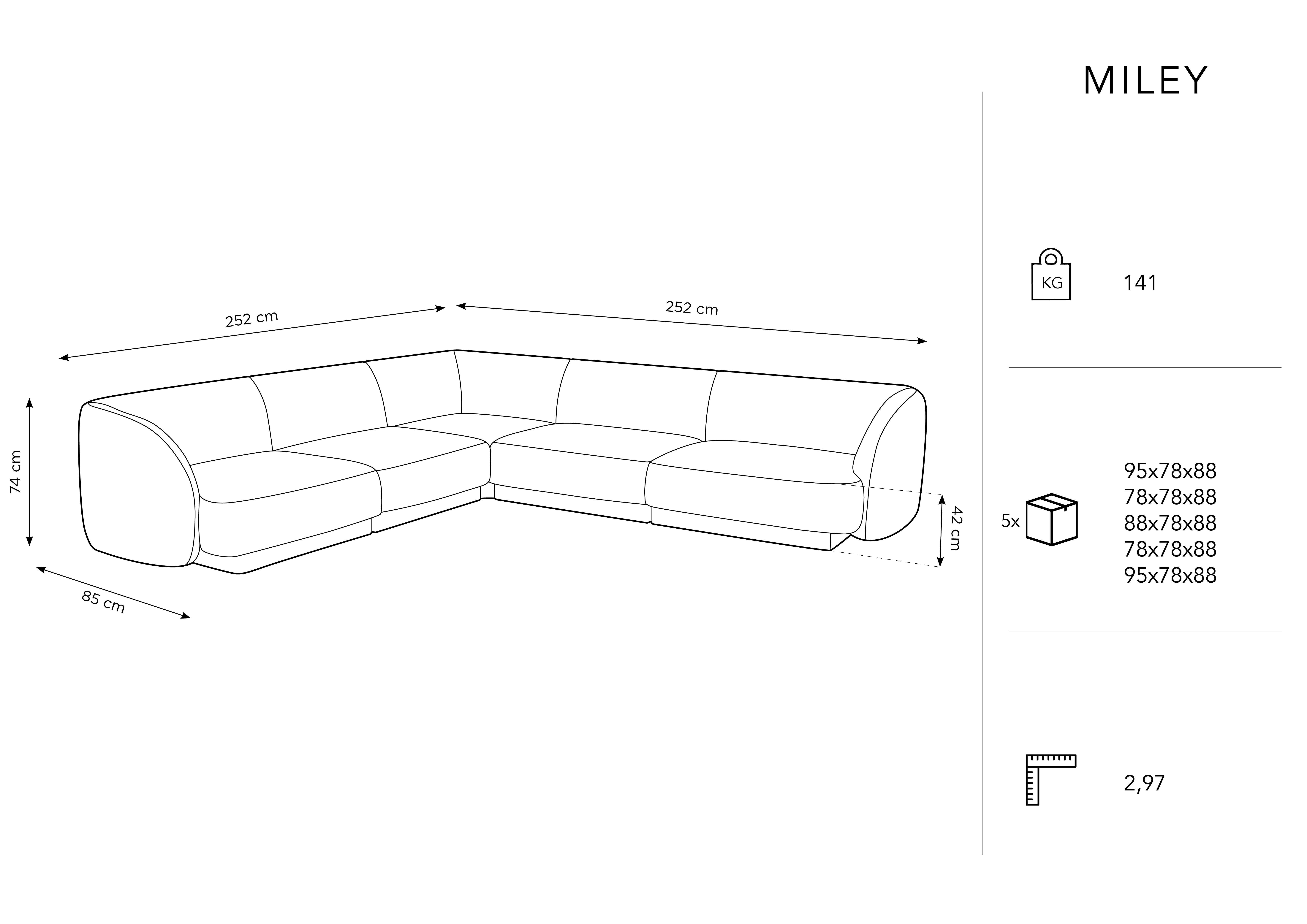 Micadoni Limited Edition Canapé d'angle Symétrique Miley 5 Places beige - 252x252x74 cm