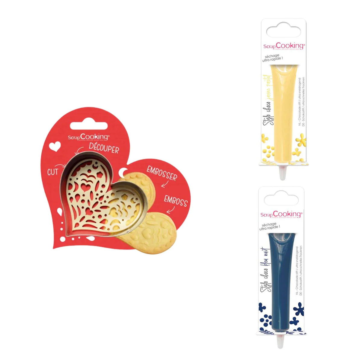 Kit pour biscuit en relief Coeur + 2 Stylos au chocolat jaune pastel e