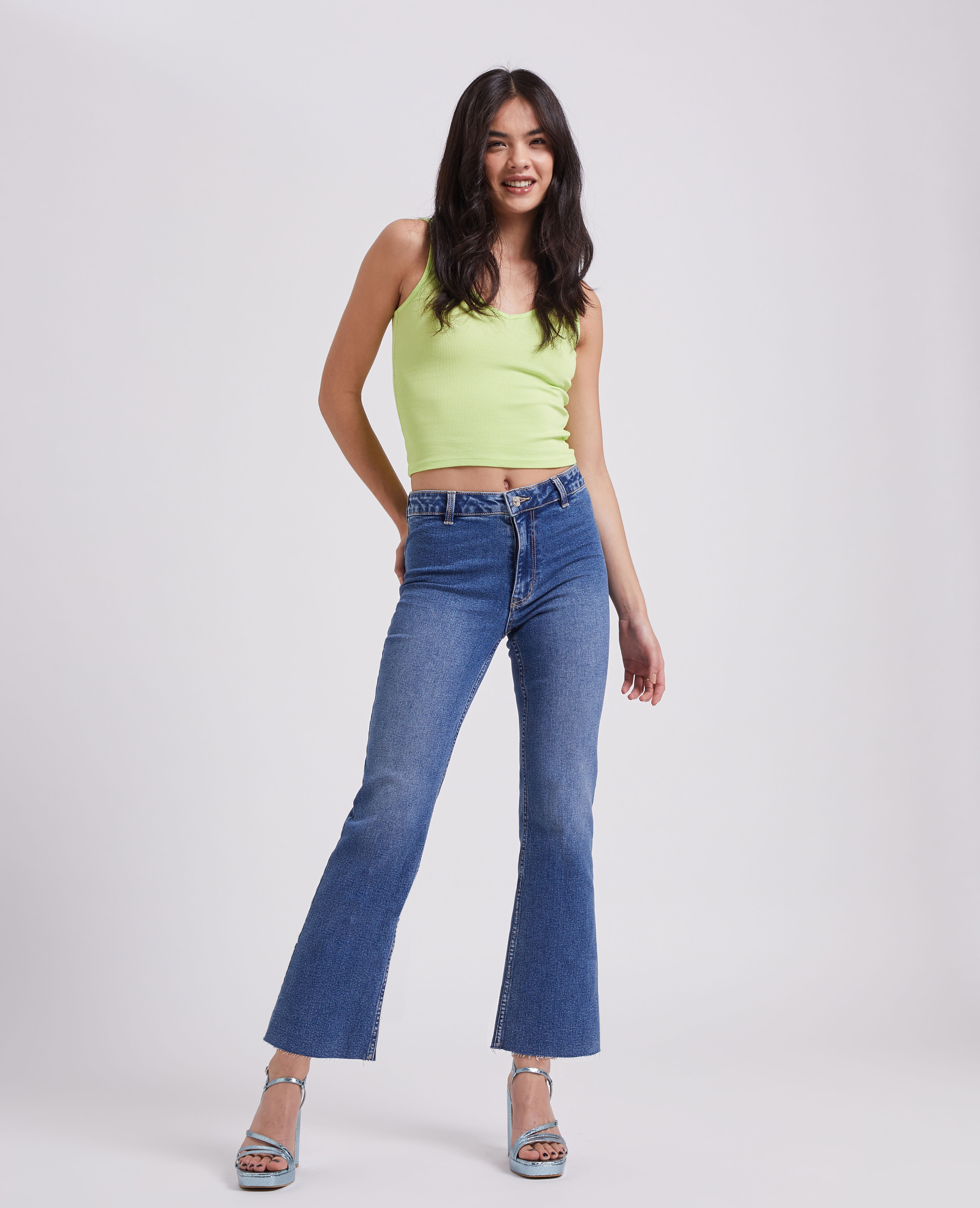 Jean flare taille haute cropped - Bleu