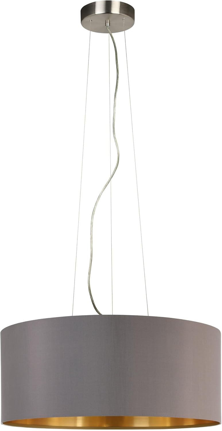EGLO Pendellampe Maserlo, 3 flammige Textil Pendelleuchte, Hängeleuchte aus Metall in Silber mit Lampenschirm in Cappuccino und Gold, E27 Fassung, Ø 53 cm