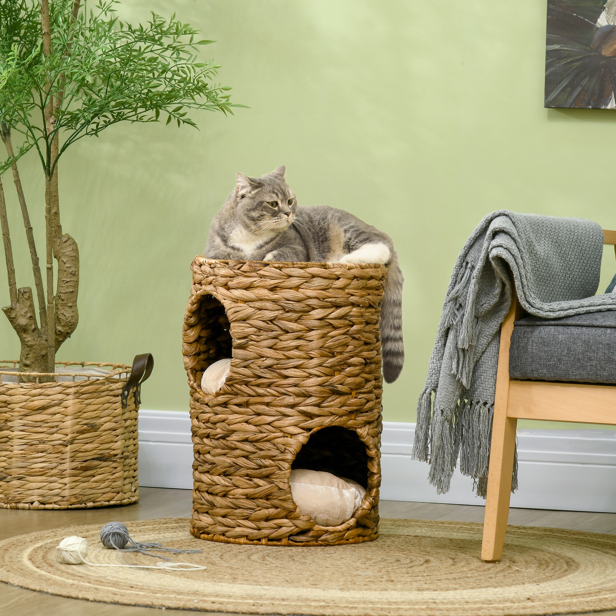 PawHut Katzenturm mit Kissen und 2 Eingängenen braun 32L x 32B x 47H cm