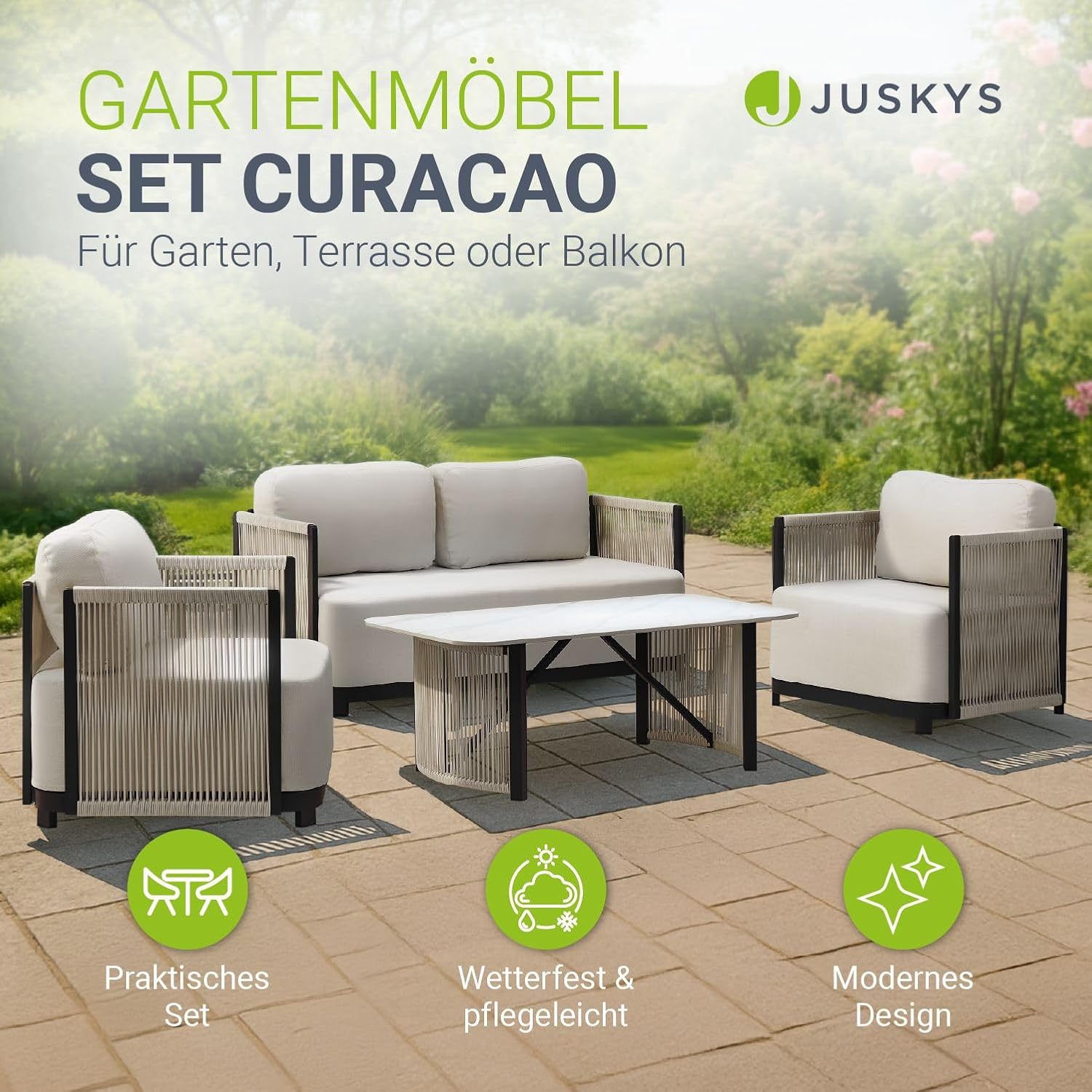 Juskys Premium Outdoor Lounge Curacao - Modernes Gartenmöbel Set, wasserabweisendes Olefin, wetterfest - Möbel für Garten & Terrasse, Gartenlounge
