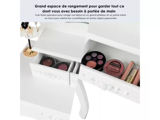 Coiffeuse avec Tabouret Table de Maquillage avec 3 Tiroirs et Dessus Amovible Blanc
