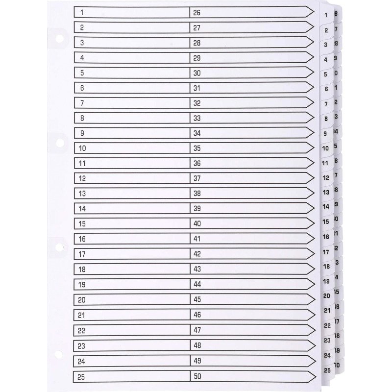 Intercalaire A4 carte blanc Exacompta 50 onglets numériques - 1 jeu