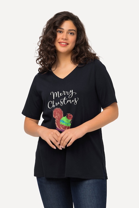 Weihnachts-Shirt, Eichhörnchen, V-Ausschnitt, Halbarm