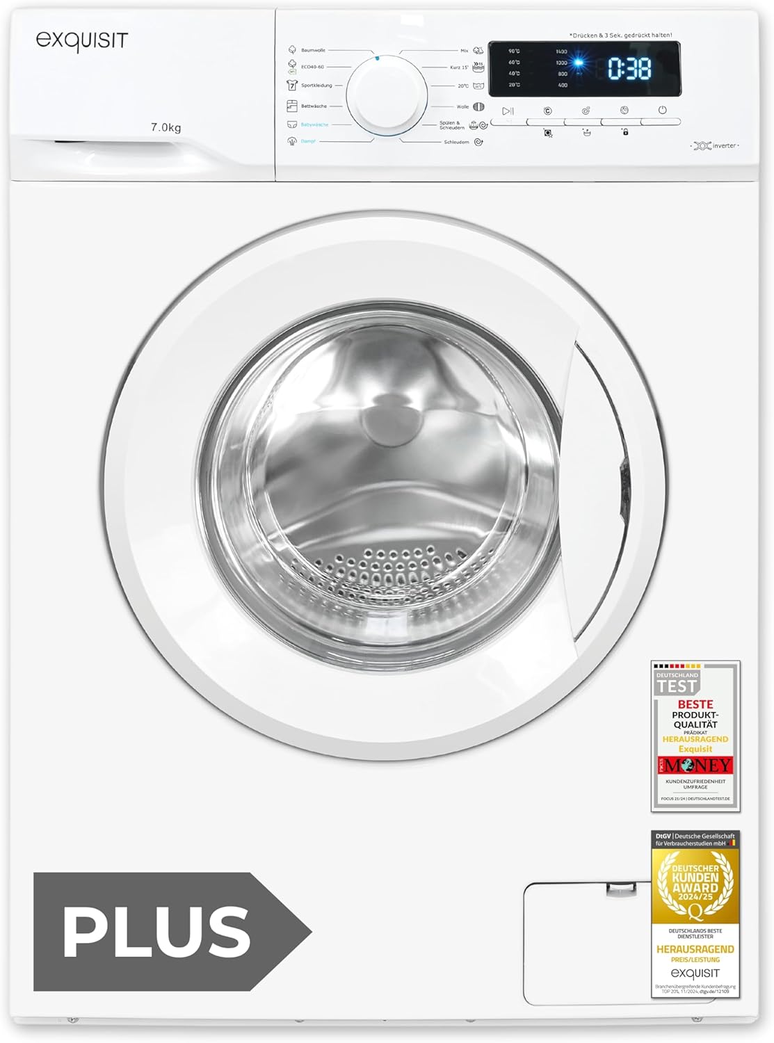 Exquisit PLUS Waschmaschine | 7 kg Nennkapazität, Energieklasse A, 1400 U/Min, 76 dB(A) | kompakte Bauform, 12 Programme, Eco 40-60, Kurzprogramm, Startzeitverzögerung | WA57014-020A weiss