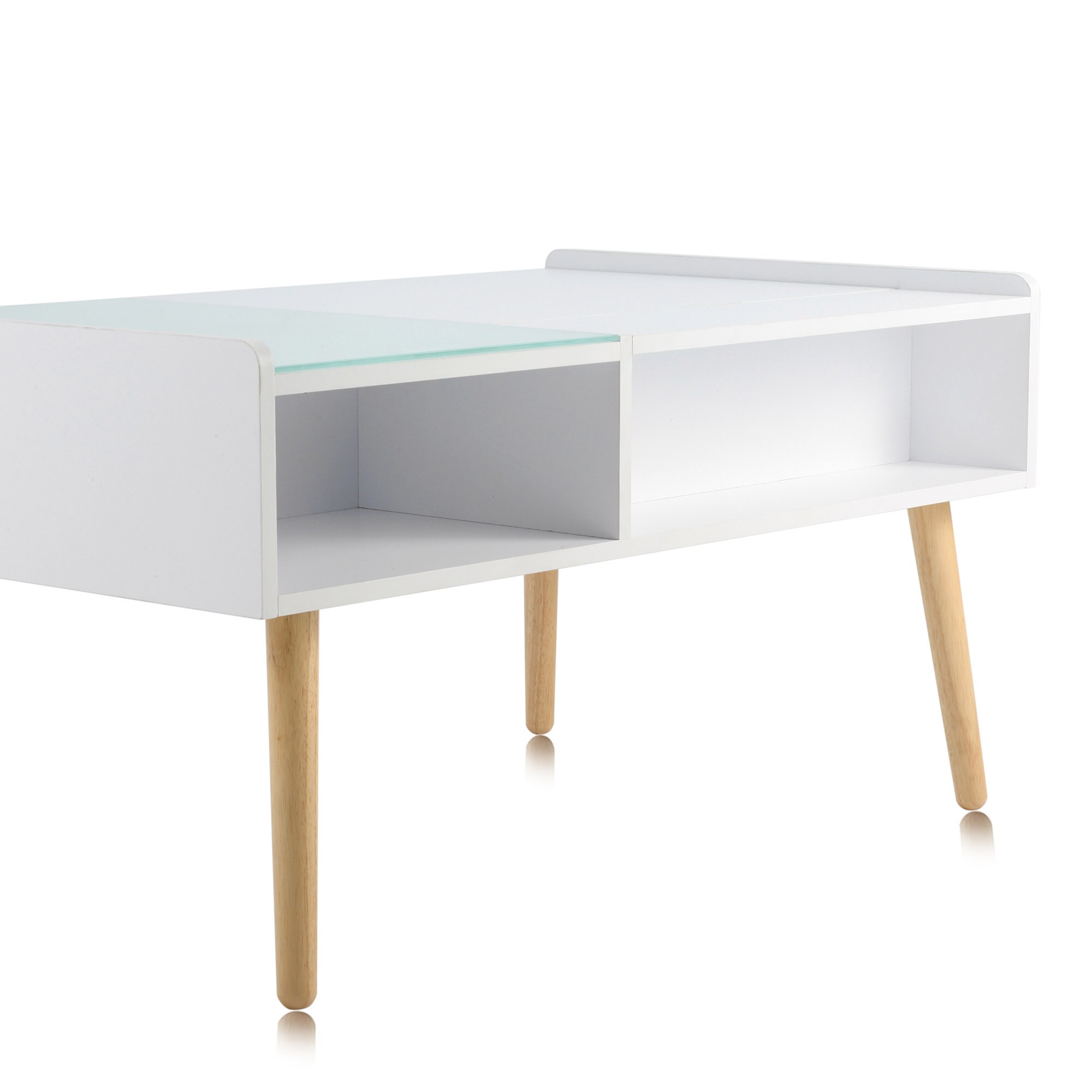 Makika Couchtisch / Wohnzimmertisch mit Glas ausziehbar mit verstecktem Fach in Weiß