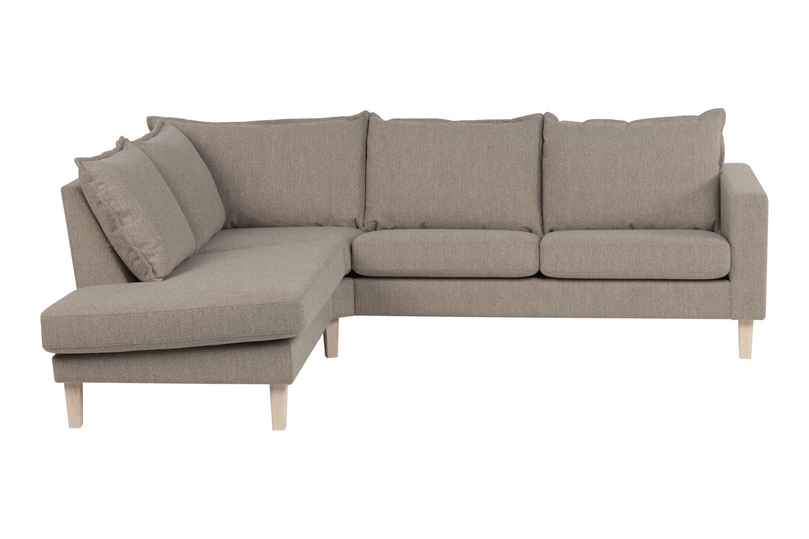 Slogen hjørnesofa Oppsett AV. 2,5-seter med åpen ende venstre. Tekstil Viva Earth med soft ryggpute. Vange B og hvitpigmentert ben 178.