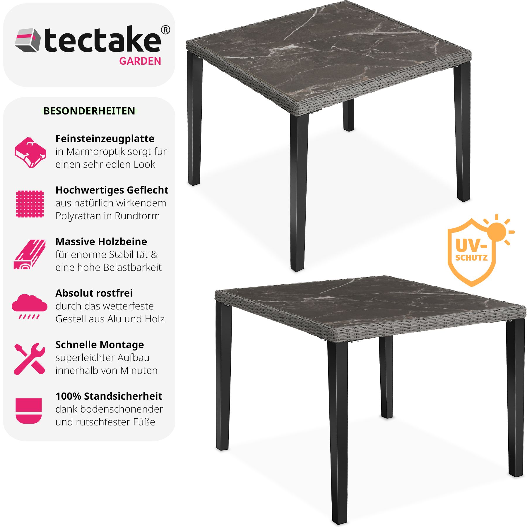 tectake® Rattan Tisch, mit Aluminium- und Holzgestell, wetterfest und UV-beständig, 93,5 x 93,5 x 75 cm