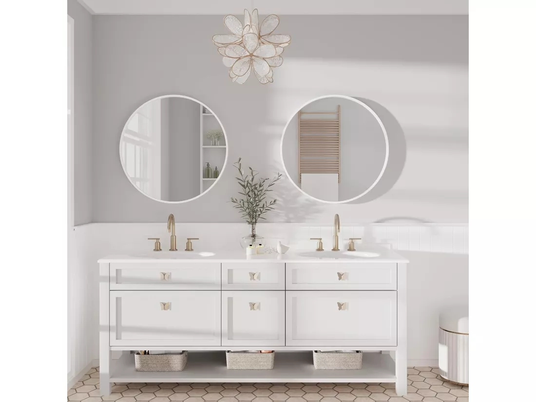 Miroir Rond Mural,60x60cm Miroir HD Moderne en Cadre pour décorer, Salle de Bain, Salon Chambre, Blanc