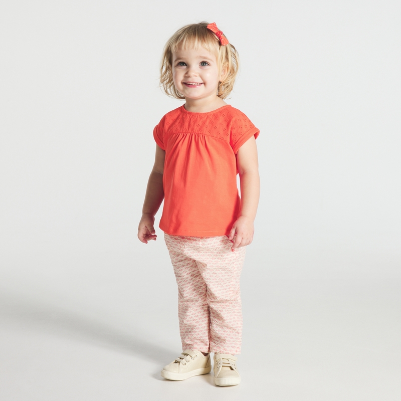 T-shirt bi-matière broderie anglaise orange bébé fille