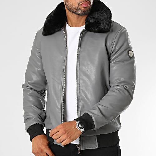 Veste Bomber Col Fourrure Gris