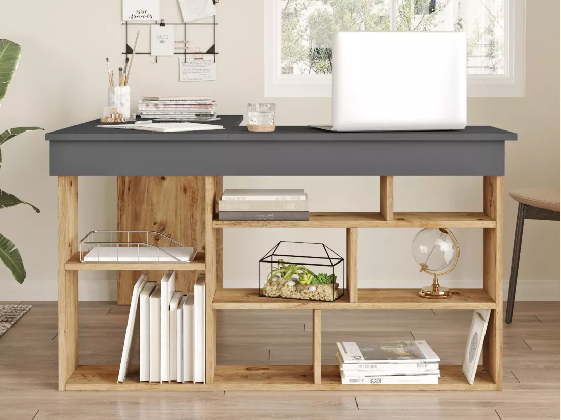 Bureau d'angle avec rangements - Coloris : Anthracite et naturel - LILEUL