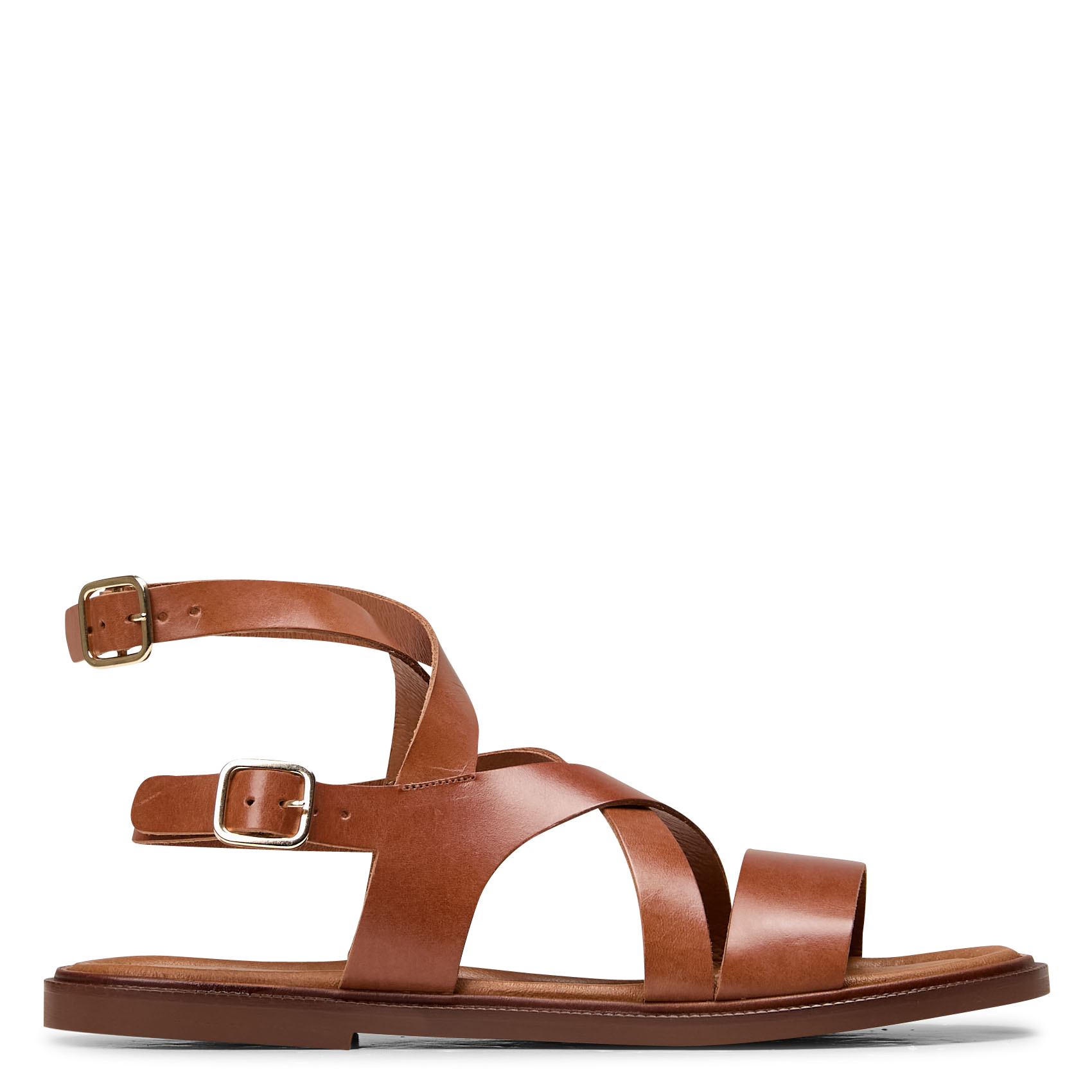 GISLA - Sandales plates ouvertes en cuir lisse | Marron