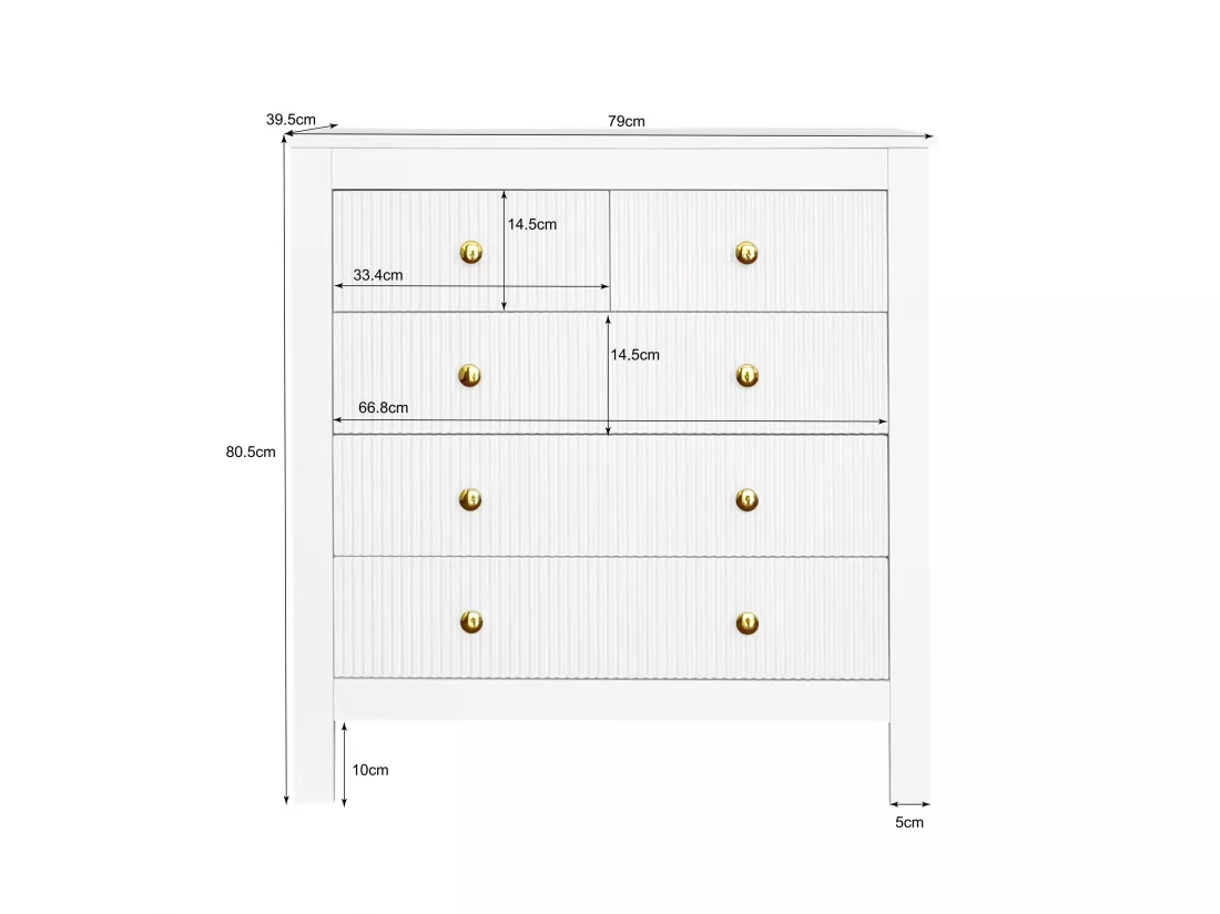 Commode avec 5 tiroirs - 79 x 80.5 x 39.5 cm - Panneaux de particules - pour salon, chambre - Couleur blanc
