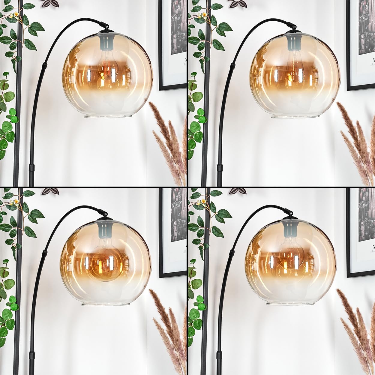 HOFSTEIN Stehleuchte Koyoto, Stehlampe aus Metall/Glas in Schwarz/Bernstein/Klar mit Marmorfuß, verstellbare Leuchte im Retro-Design (Schirm Ø 30 cm), Fußschalter, E27, Wohnzimmer, Schlafzimmer, Flur