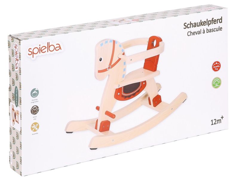 Spielba Holzspielwaren Schaukelpferd Nature/Rot Robustes Holzschaukeltier