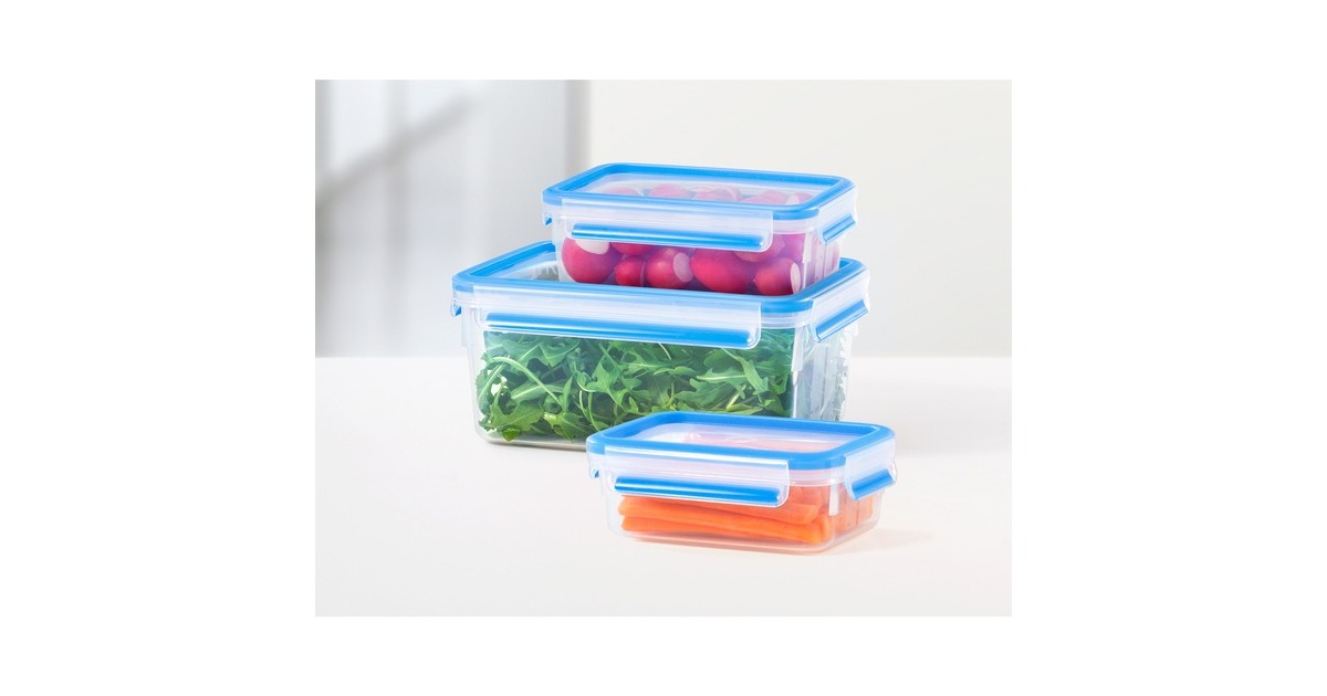 EmsaClip & Close vershoudbakjes, 3-delige set, 1,0 / 3,2 / 3,7 L doos  (Transparant/blauw, rechthoekig)
