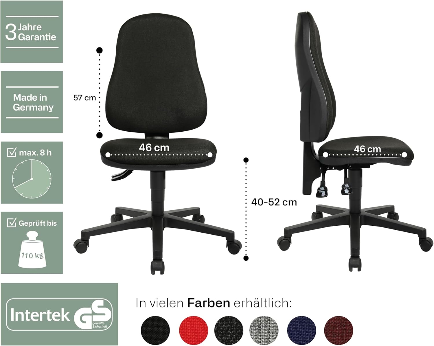 Topstar Point 60, Bürostuhl, Schreibtischstuhl, Stoff, Drehbar, schwarz, 44D x 45W x 113H cm